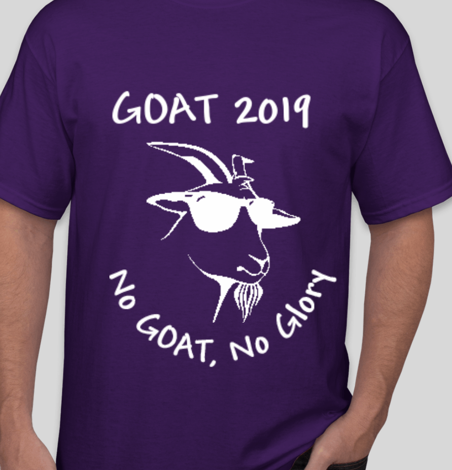 GOAT 2019 volunteer t-shirt front — purple with goat wearing sunglasses and 'No GOAT, No Glory' tagline